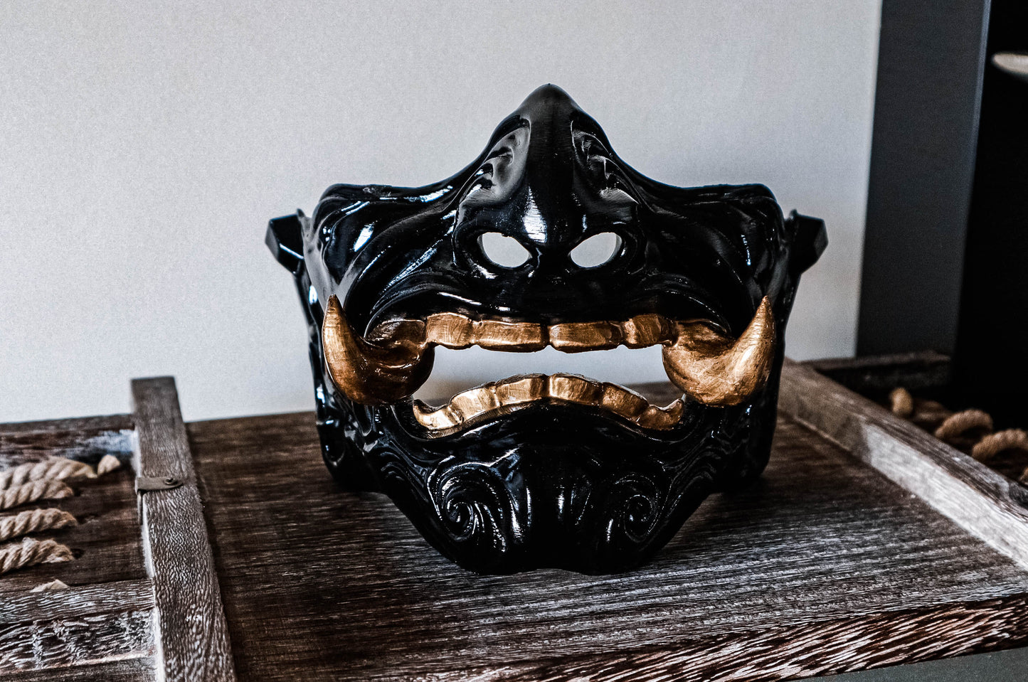 Ebony Wrath Oni Mask Black & Gold Half Face Japanese Mask