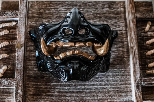 Ebony Wrath Oni Mask Black & Gold Half Face Japanese Mask