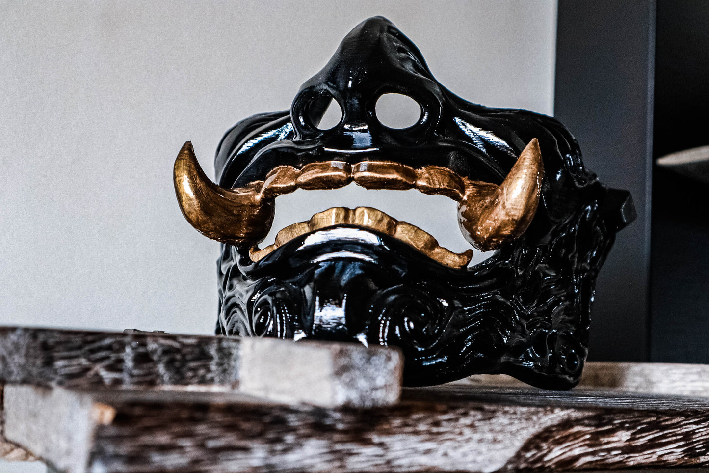 Ebony Wrath Oni Mask Black & Gold Half Face Japanese Mask