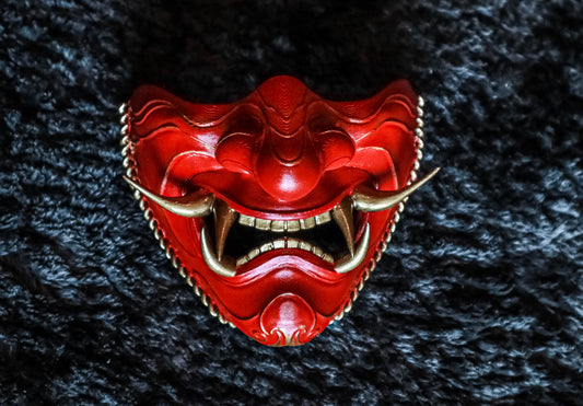 Handcrafted Red Dragon Fire Oni Samurai Mask – Exquisite Japanese Artisan Work Half Face