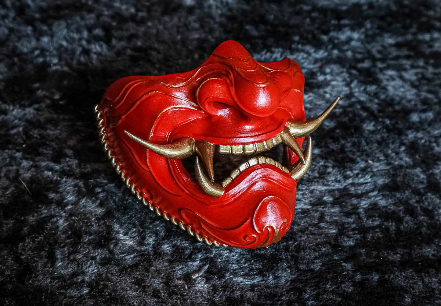 Handcrafted Red Dragon Fire Oni Samurai Mask – Exquisite Japanese Artisan Work Half Face