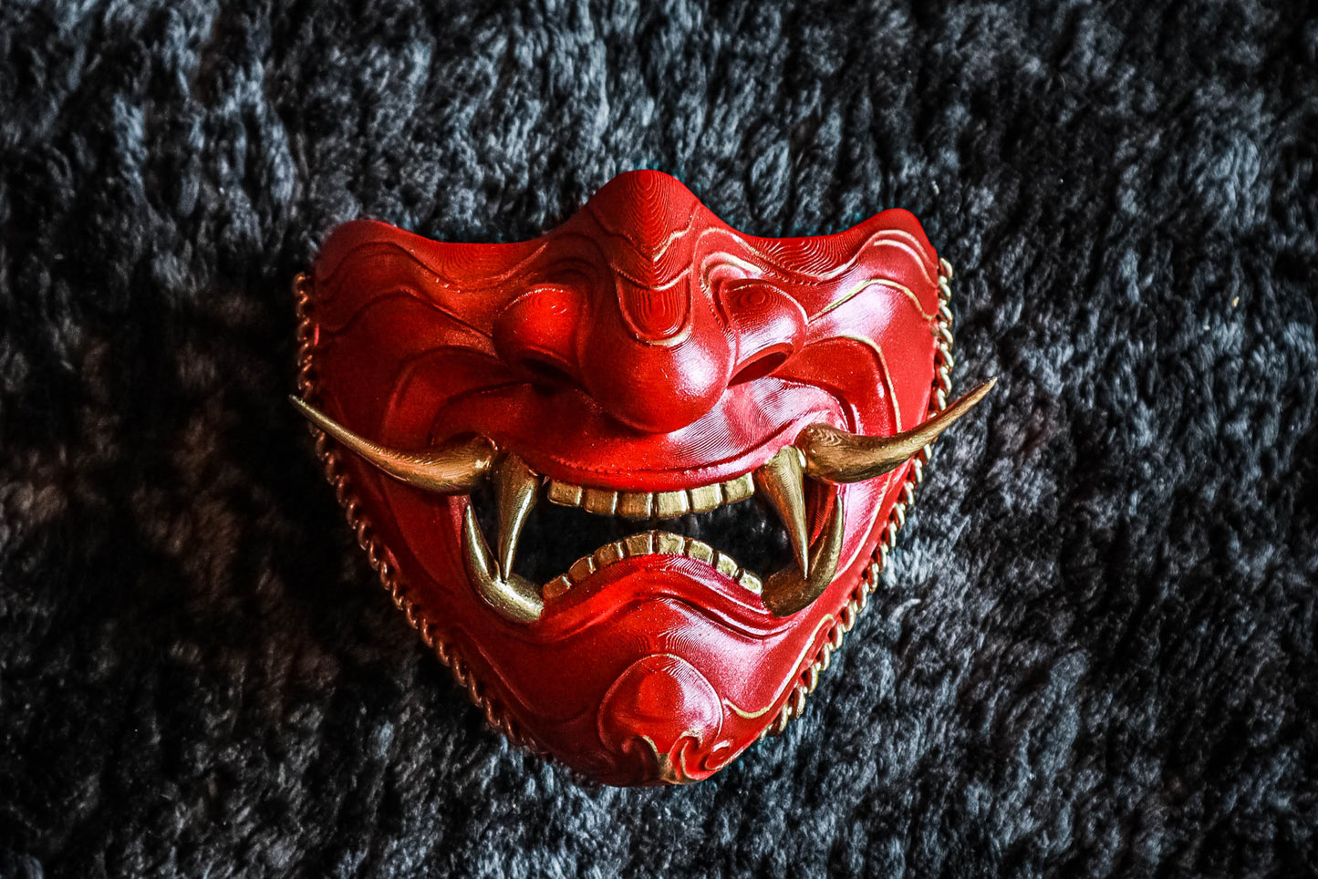 Handcrafted Red Dragon Fire Oni Samurai Mask – Exquisite Japanese Artisan Work Half Face