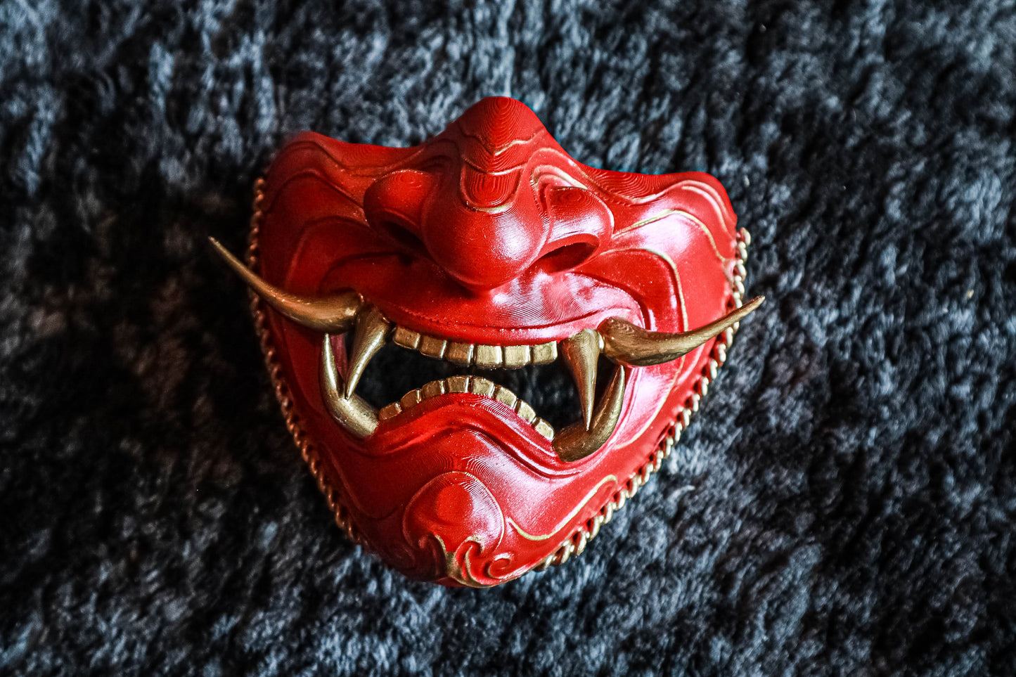 Handcrafted Red Dragon Fire Oni Samurai Mask – Exquisite Japanese Artisan Work Half Face